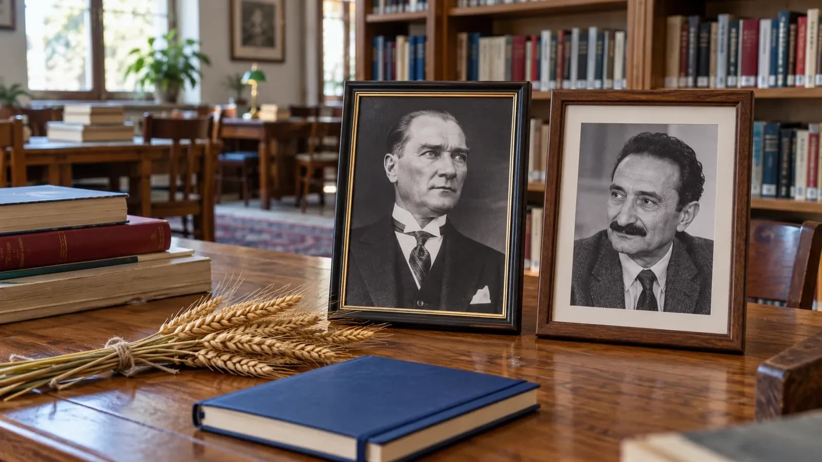 Atatürk ve Ecevit’in siyasi mirası: iki ayrı temsili anı portresi, başaklar ve mavi defter — Zafer Gökcan · Yapay zekâ ile üretilmiş temsili görsel