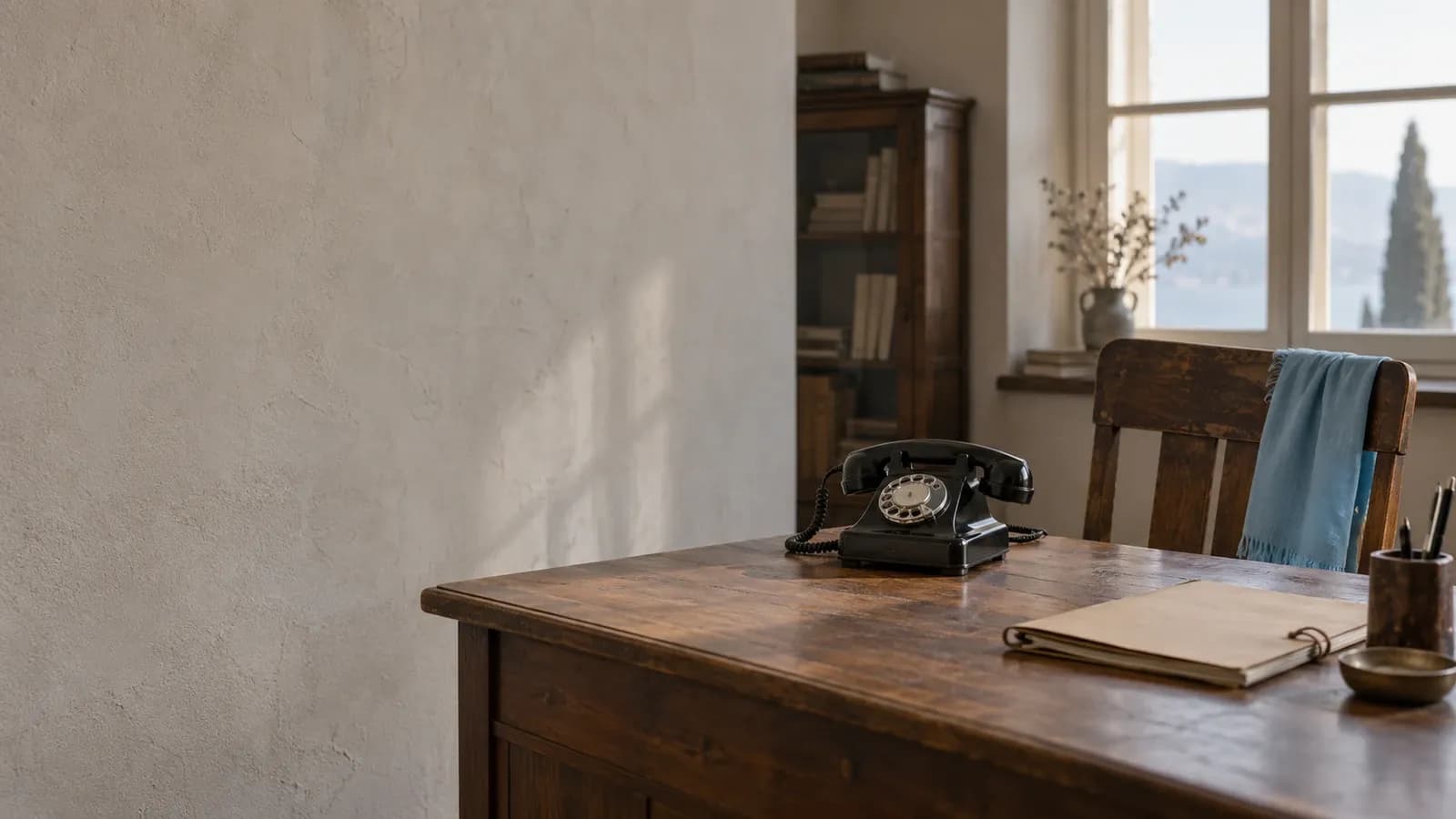 Kırım davası ve telefonla sansür: boş sandalye ve masa üzerinde telefon — Sevginaz Hamevioğlu · Yapay zekâ ile üretilmiş temsili görsel