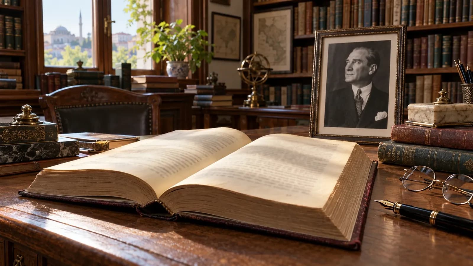 Nutuk’un yol gösterici mirası: açık tarih kitabı, dolmakalem, okuma gözlüğü ve Atatürk anı portresi — Galip Karakuş · Yapay zekâ ile üretilmiş temsili görsel