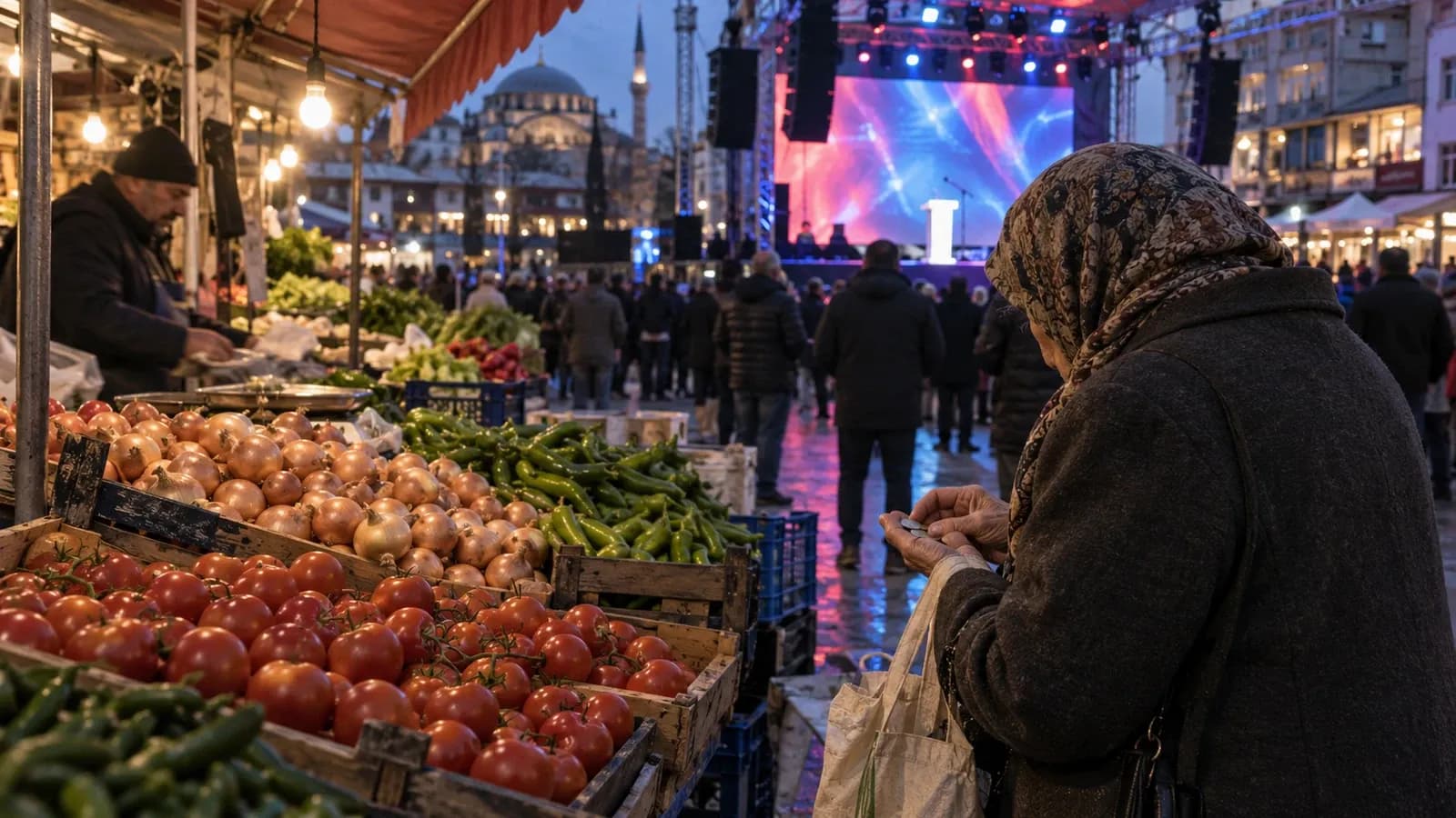 Popülist Sömürüler: pazar alışverişi ve meydandaki gösteri sahnesi — Mustafa Karaağaçlı · Yapay zekâ ile üretilmiş temsili görsel