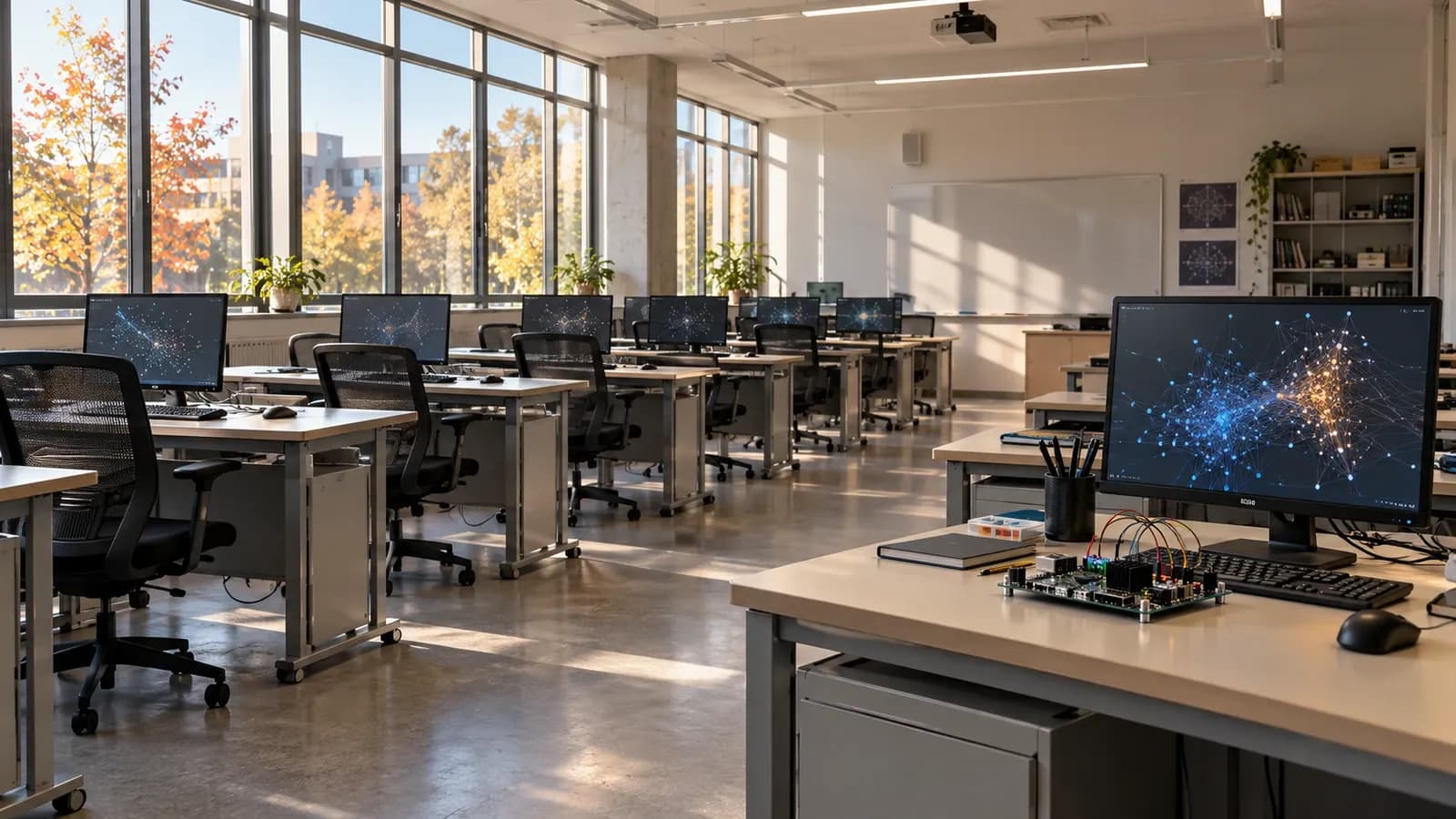 Yapay zekâ ve üniversite kontenjanları: boş bilgisayar laboratuvarı ve öğrenci sandalyeleri — Mustafa Karaağaçlı · Yapay zekâ ile üretilmiş temsili görsel